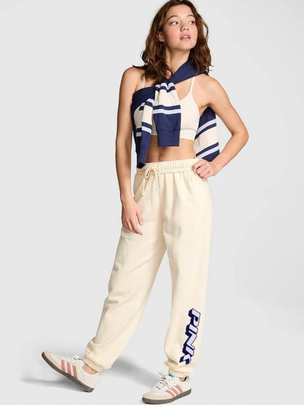 PINK Victoria's Secret Beige Ivy Fleece Jogger Sweatpants "PINK" Logo Leg XL NWT